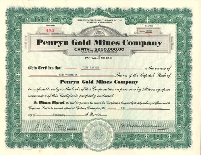 Penryn Gold Mines Co. - Stock Certificate